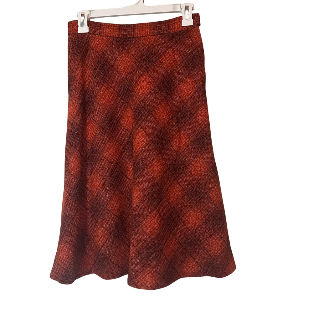 Vintage Moffat Weavers Scottish Wool Plaid Tweed A-Line Midi Skirt Orange